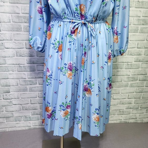 Vintage 70s Blue Floral Sheer Scarf Tie‎ Collar Pleated Secretary Midi Dress - Picture 4 of 12
